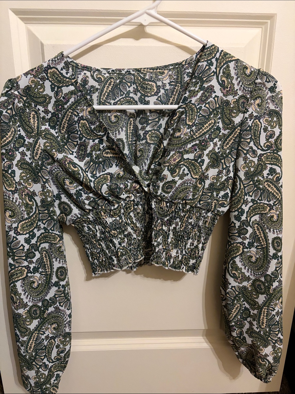 SHEIN cropped V-neck puff sleeve, cinched waist crop top paisley design